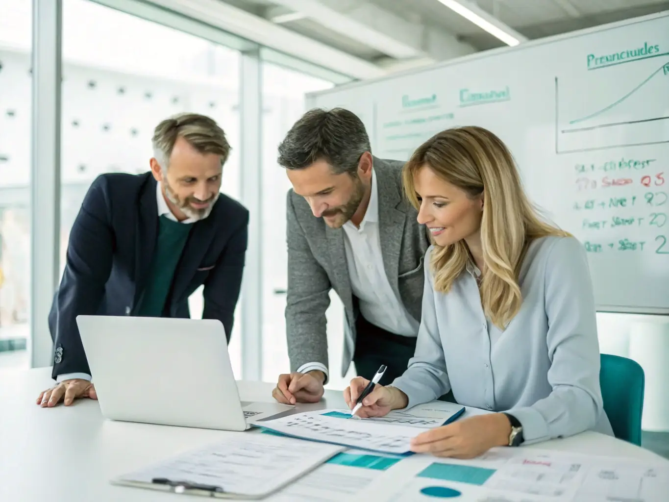 A professional workspace showing a team collaborating on financial reports, highlighting Ramp's ability to enhance teamwork and financial oversight.