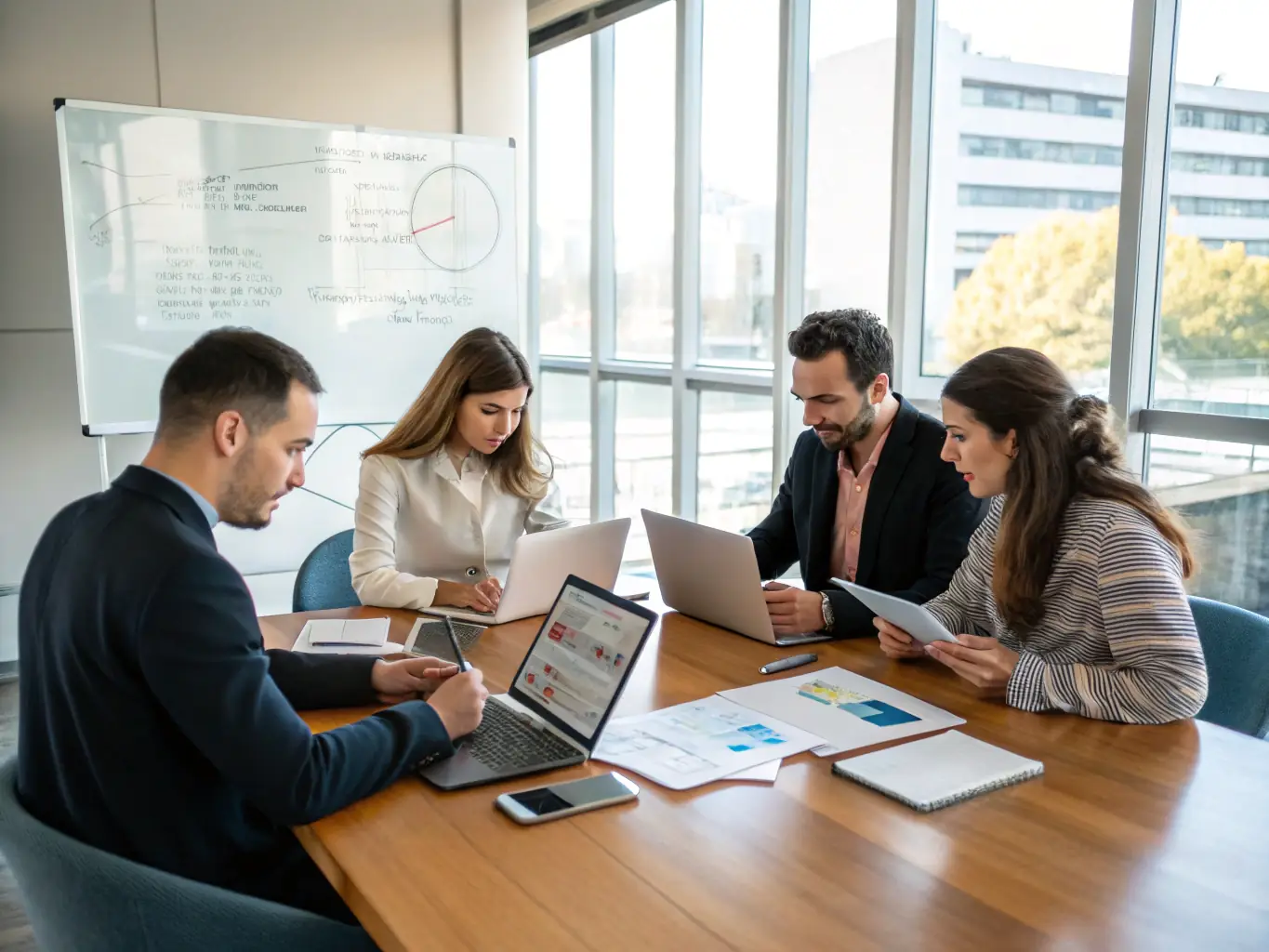 A diverse group of professionals collaborating in a meeting room, with a focus on the Mercury card as a tool for team financial management.