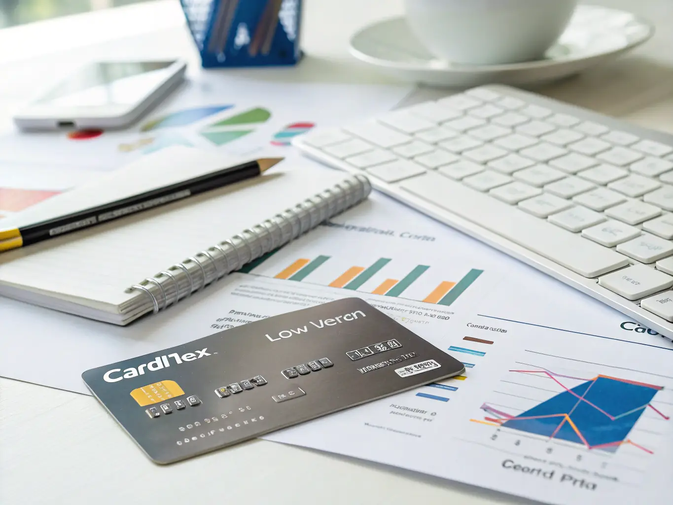 A professional workspace featuring a Mercury card on a desk with a laptop displaying financial data, emphasizing the card's integration with digital tools.