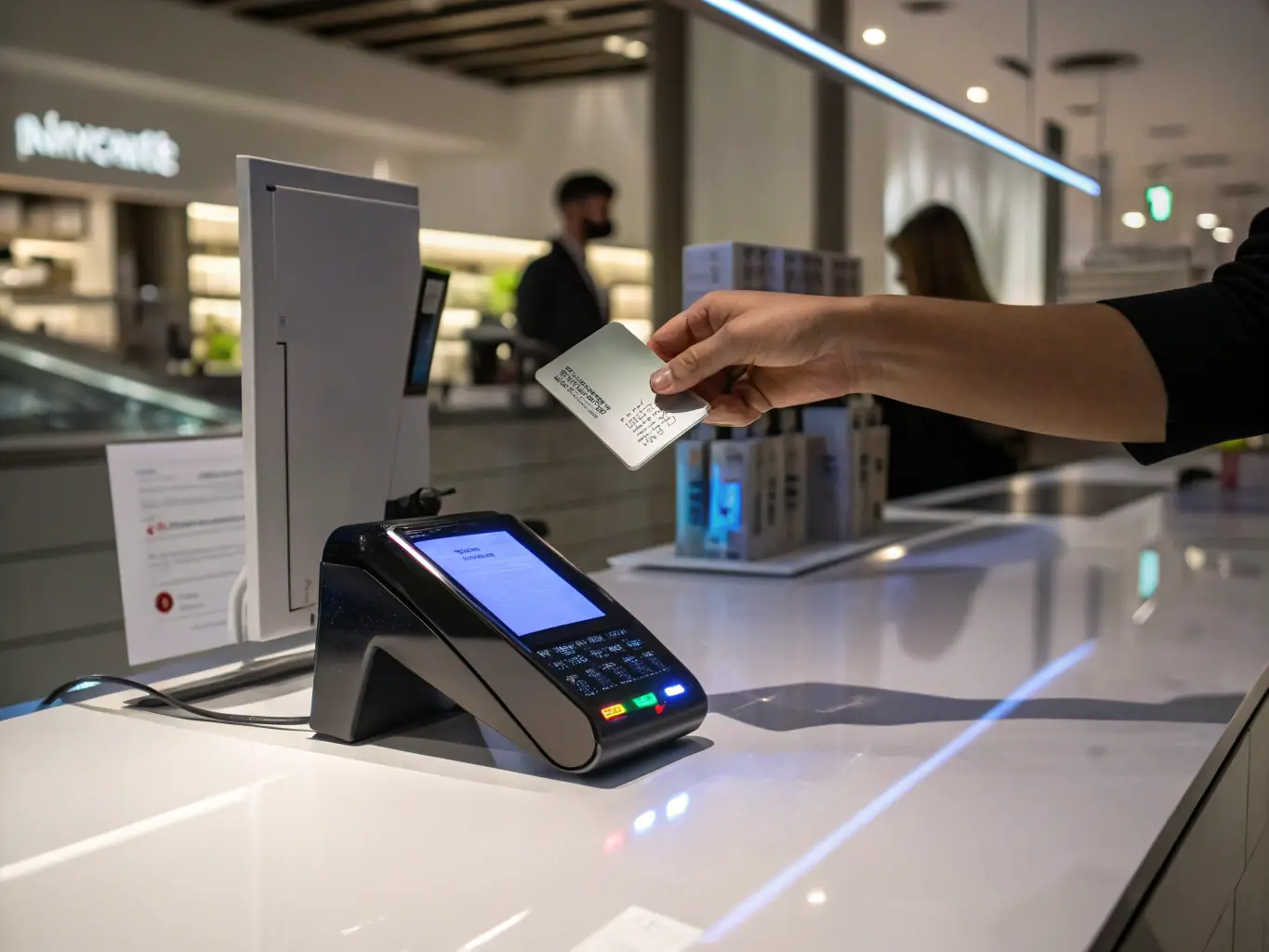 A person confidently using a Mercury card at a point-of-sale terminal in a modern retail environment, highlighting the card's ease of use and acceptance.